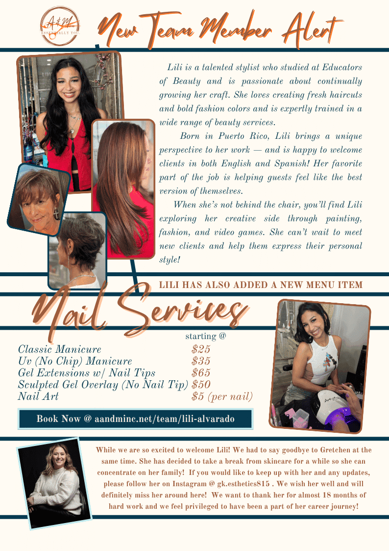 Lili Alvarado joins Aanndee Salon; offers new nail services including gel extensions.