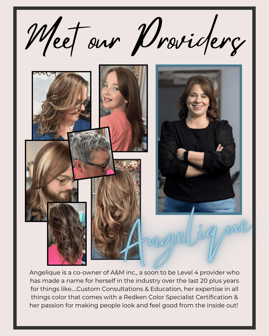 Meet our providers collage featuring Angelique, hair color specialist and educator.