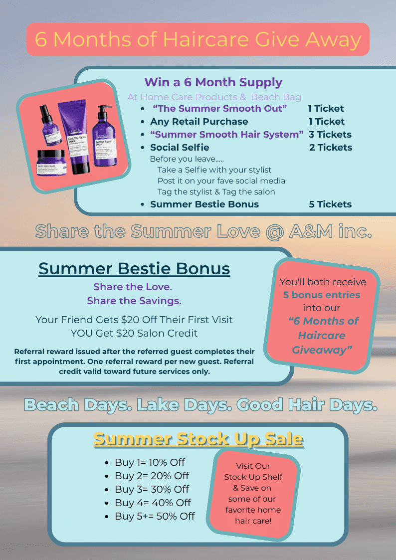 6-month haircare giveaway with purchase discounts and a chance to win free salon credit.