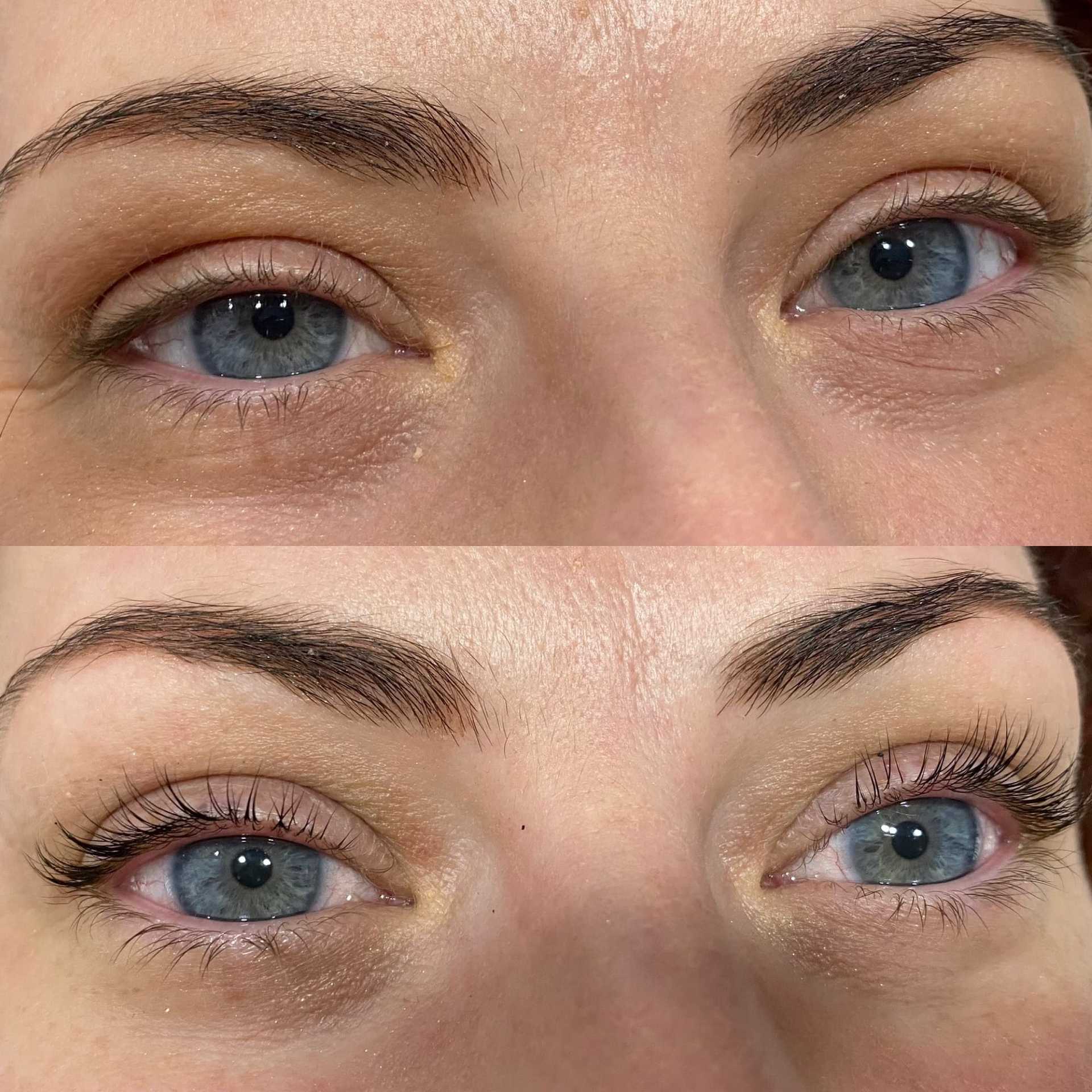 Before and after comparison of an eyelash lift, showing enhanced eyelashes.