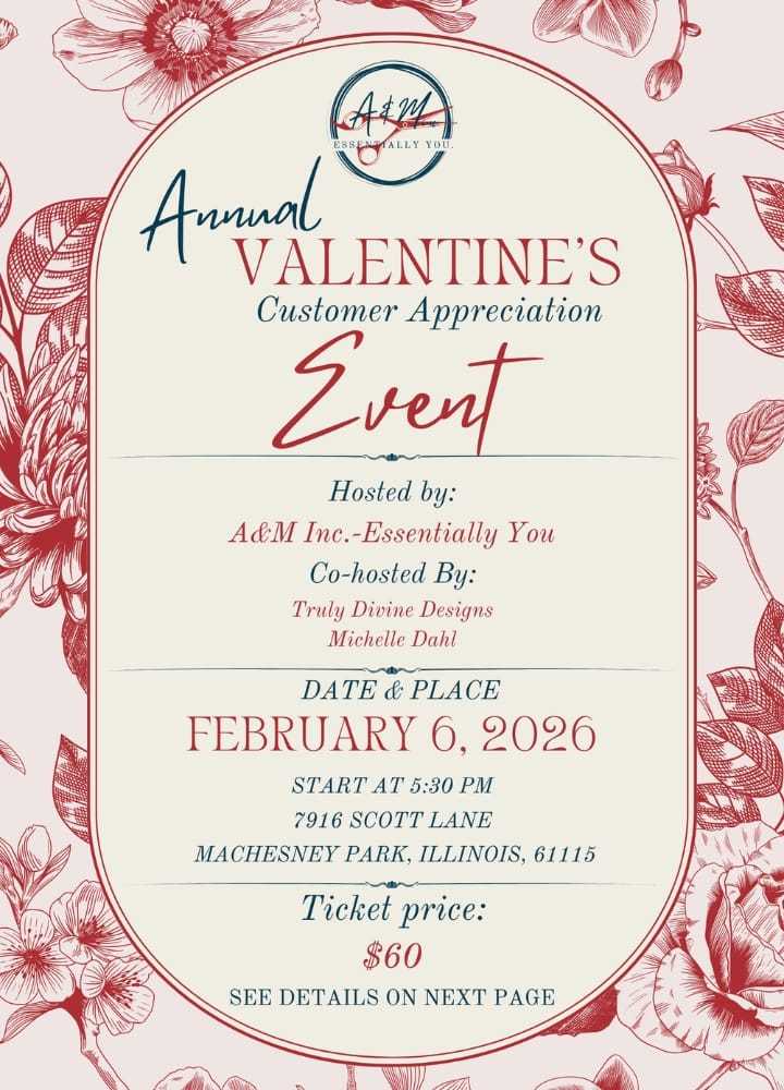 Annual Valentine's Event on Feb 6, 2026, at 7916 Scott Lane, Machesney Park, IL. Tickets $60.