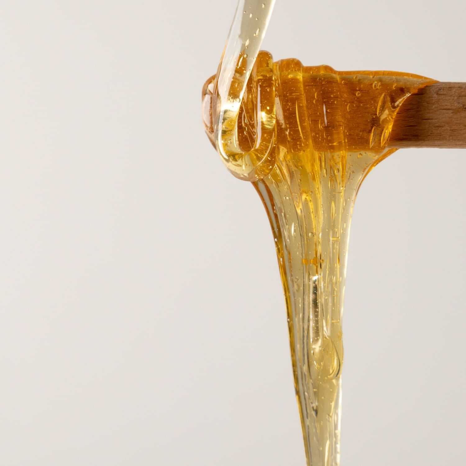 Honey dripping from a honey dipper against a plain background.